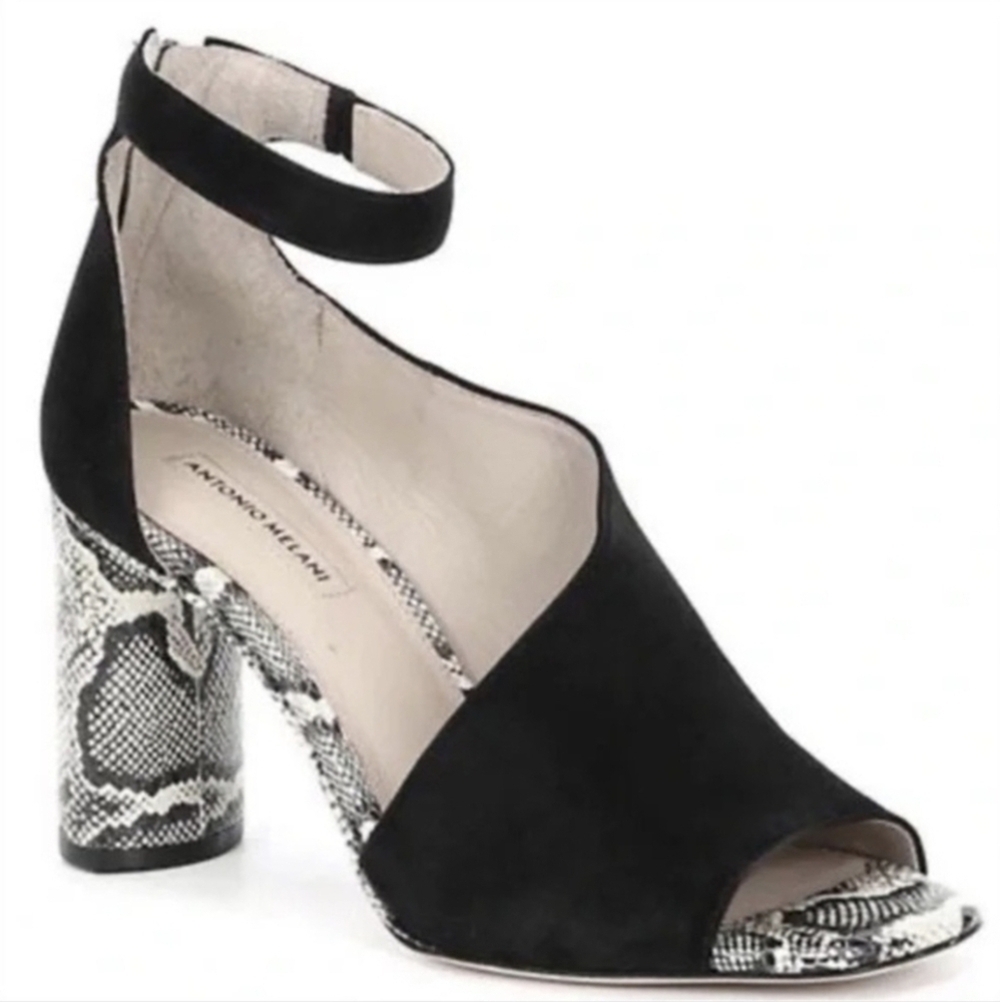 ANTONIO MELANI Ehren All Leather Black Block Heels with Snakeskin Details